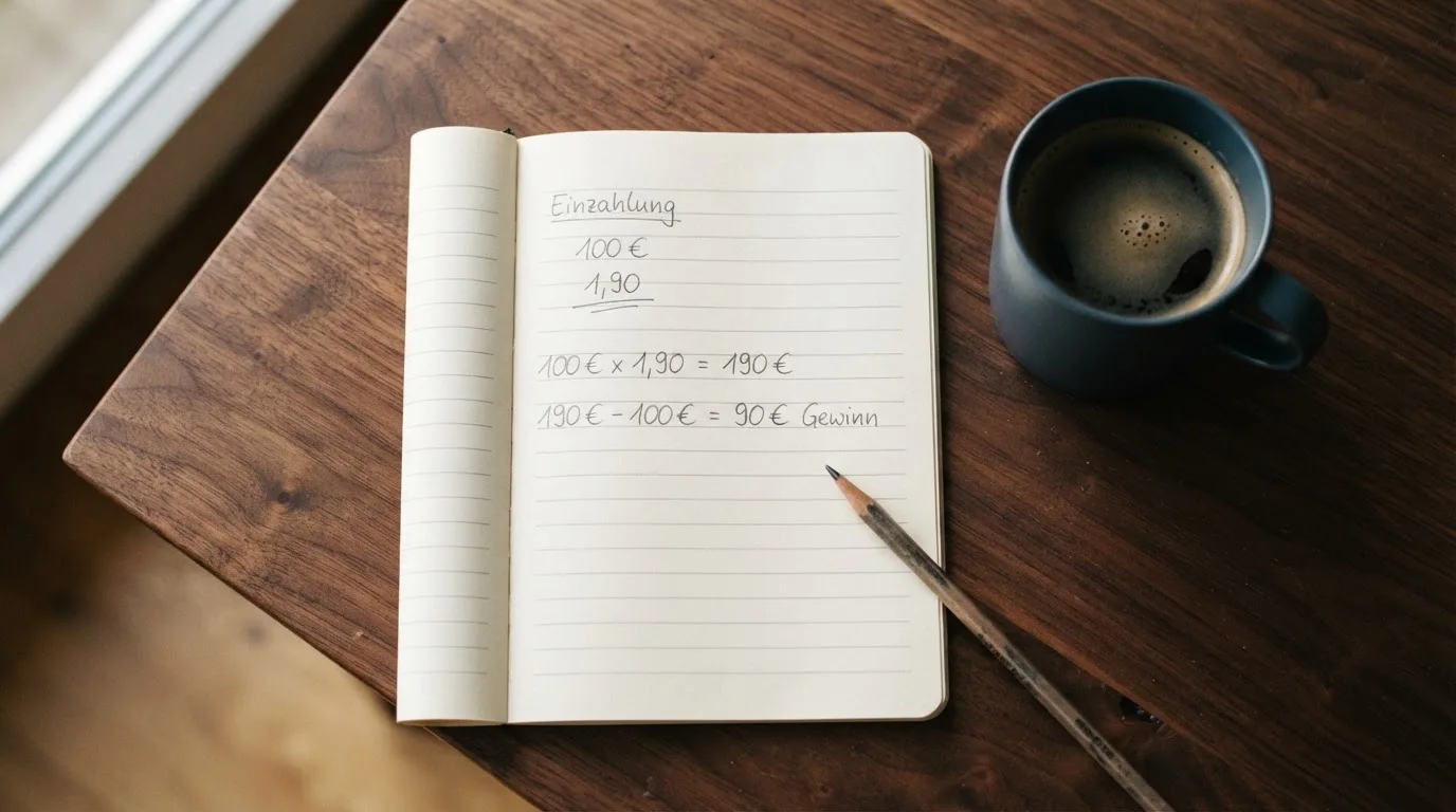 Ein Notizbuch mit handschriftlichen Notizen und ein Taschenrechner stehen auf einem Schreibtisch, daneben eine Tasse.