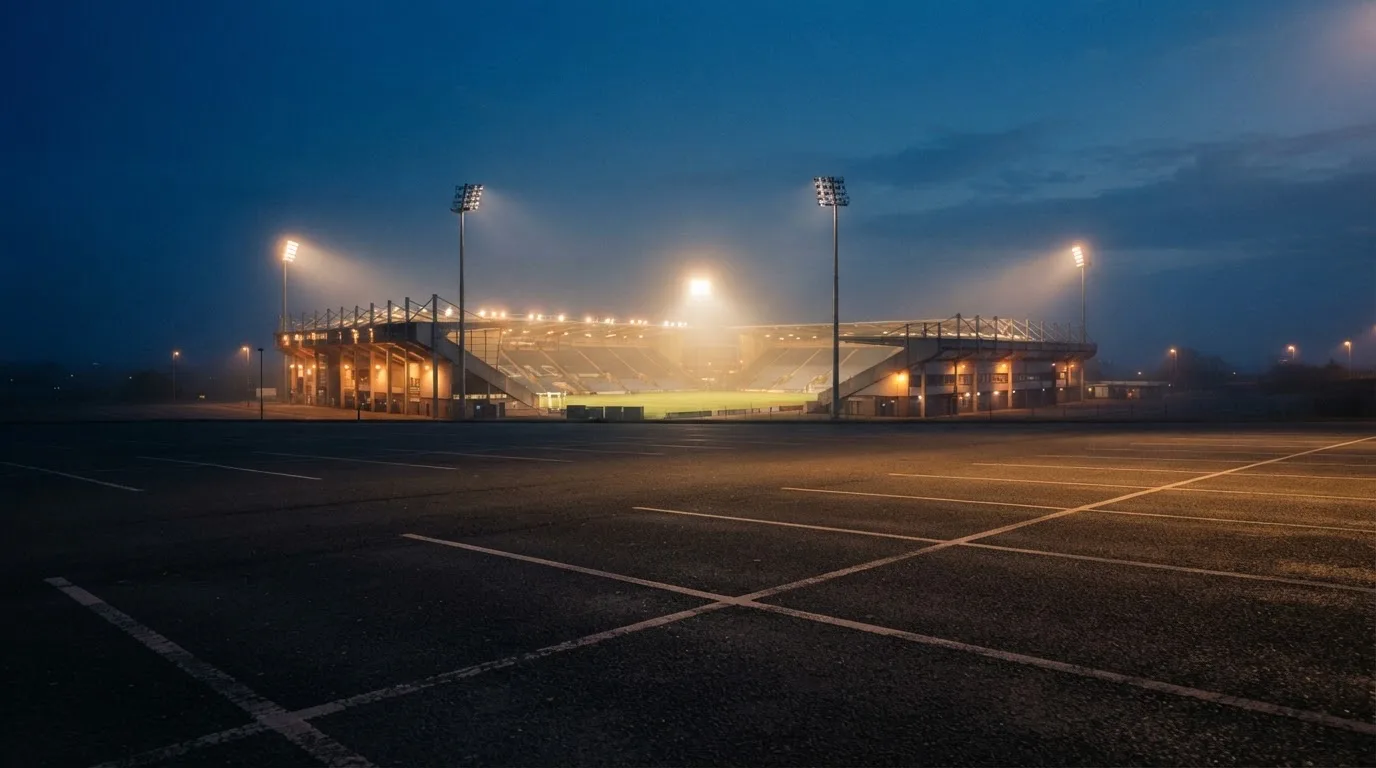 Ein Stadion unter Flutlicht aus der Ferne gesehen, davor ein leerer Parkplatz im Dunst.