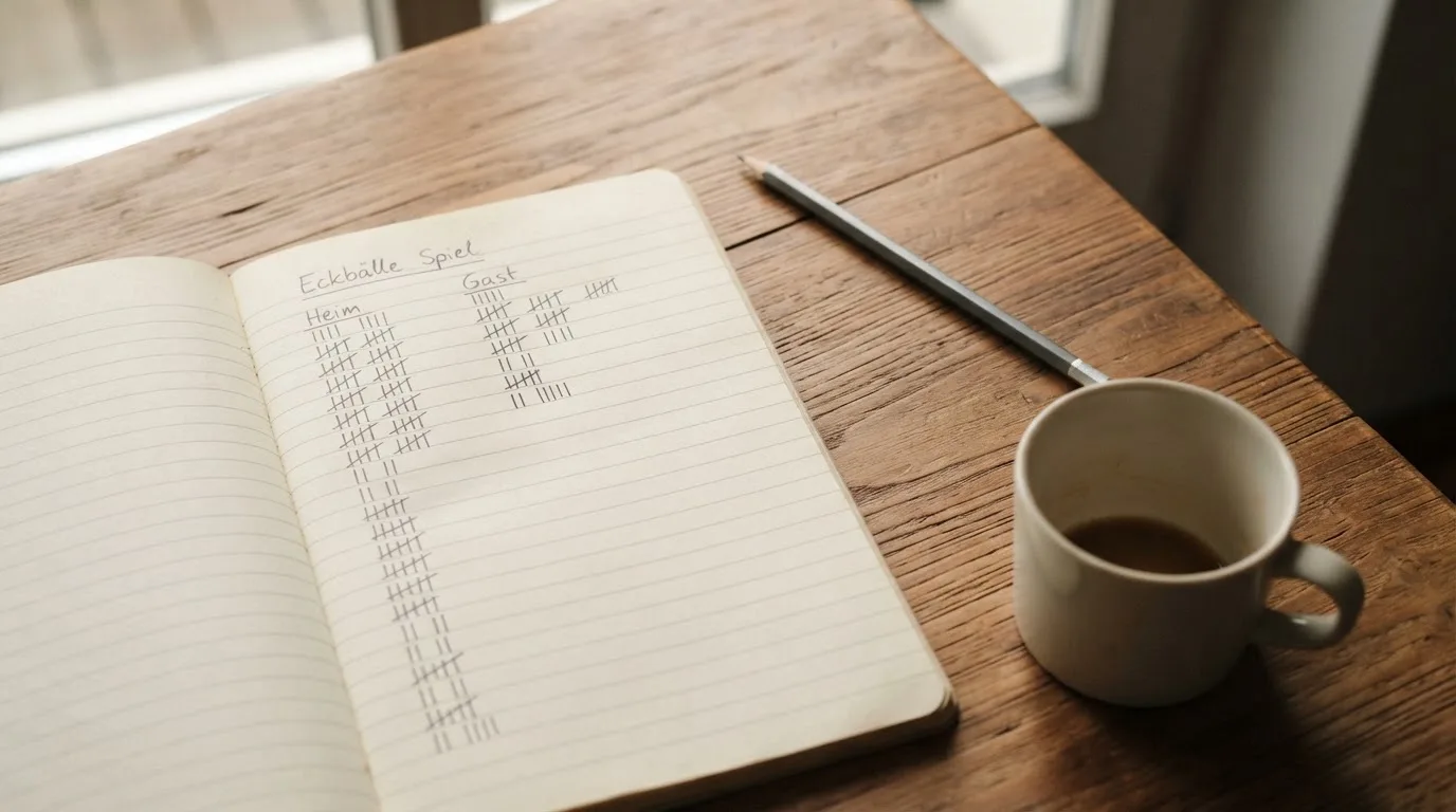 Ein Notizbuch mit handgeschriebenen Strichlisten liegt neben einem Bleistift und einer Kaffeetasse auf einem Holztisch.