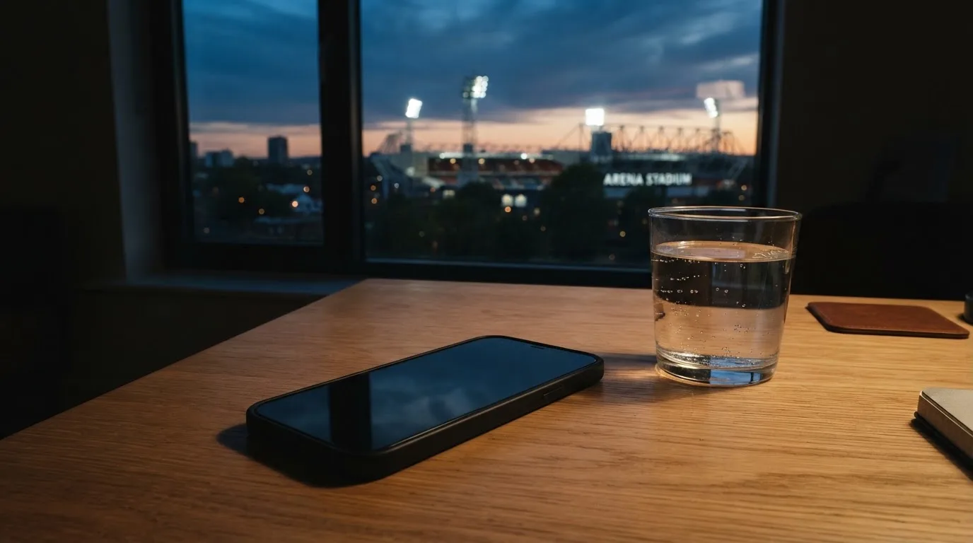 Ein Smartphone mit dunklem Display liegt auf einem Schreibtisch neben einem Glas Wasser, im Fenster dahinter ein Stadion im Dämmerlicht.