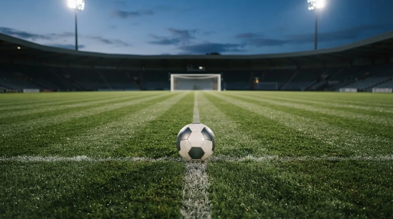 Ein Fußball liegt auf dem Mittelkreis eines leeren Rasenplatzes unter Flutlicht am frühen Abend, die Tribünen sind nur schemenhaft zu erkennen.