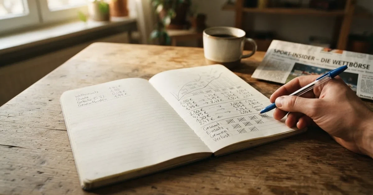 Ein aufgeschlagenes Notizbuch mit handgezeichneten Kurven und Strichen liegt neben einem Taschenrechner auf einem Schreibtisch im Morgenlicht.