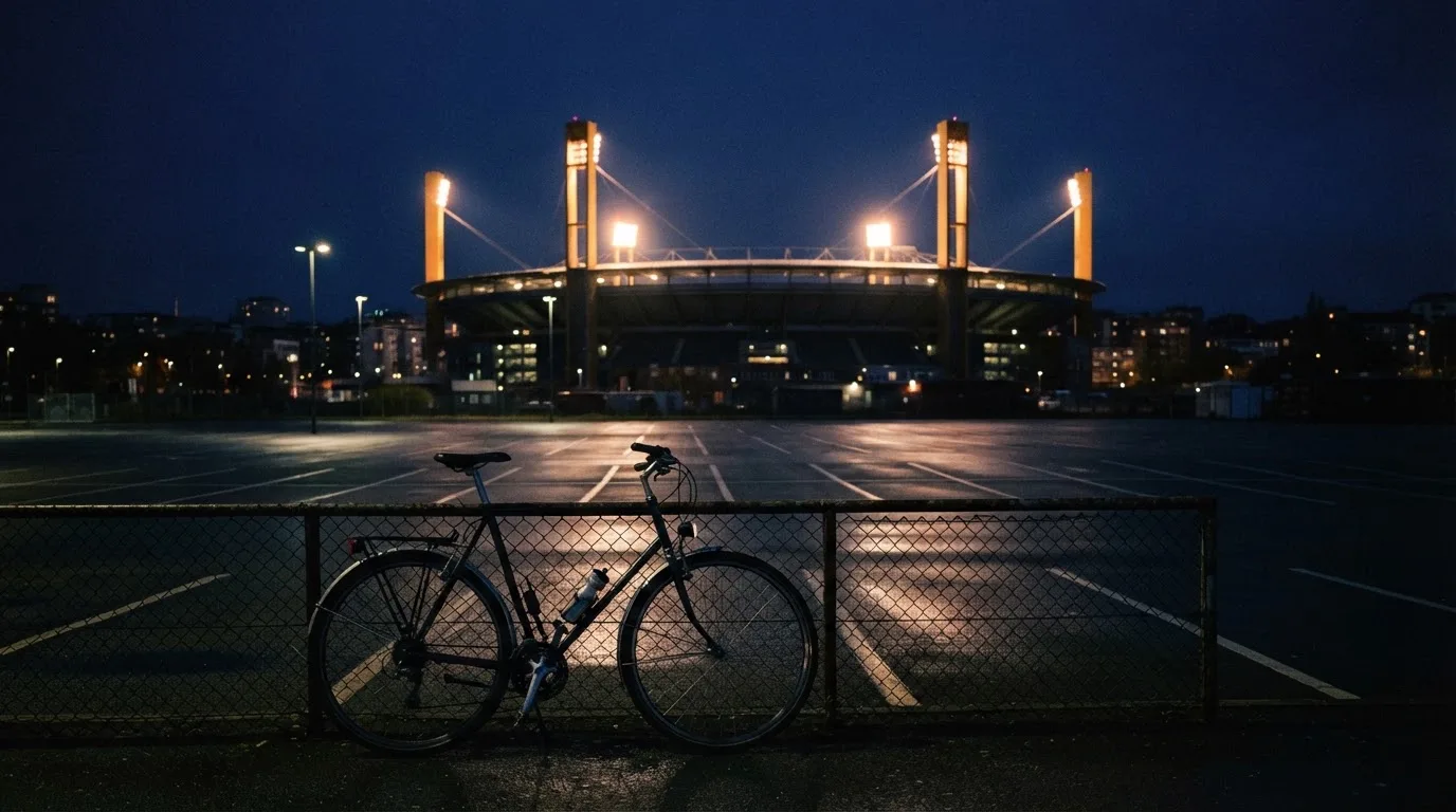 Ein Stadion unter Flutlicht aus der Ferne gesehen, davor ein dunkler Parkplatz und ein einzelnes Fahrrad an einem Zaun.