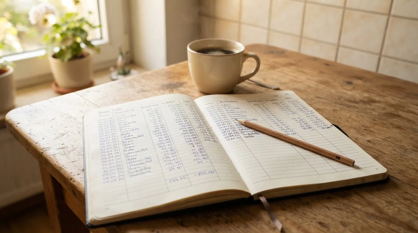 Ein Notizbuch mit handschriftlichen Zahlenreihen und ein Bleistift liegen auf einem Küchentisch neben einer Tasse.