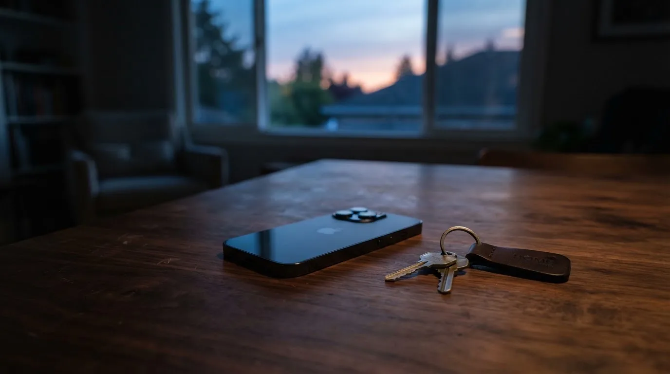 Ein Smartphone mit dunklem Display liegt auf einem Holztisch, daneben ein Schlüsselbund, im Hintergrund ein Fenster mit Abendlicht.