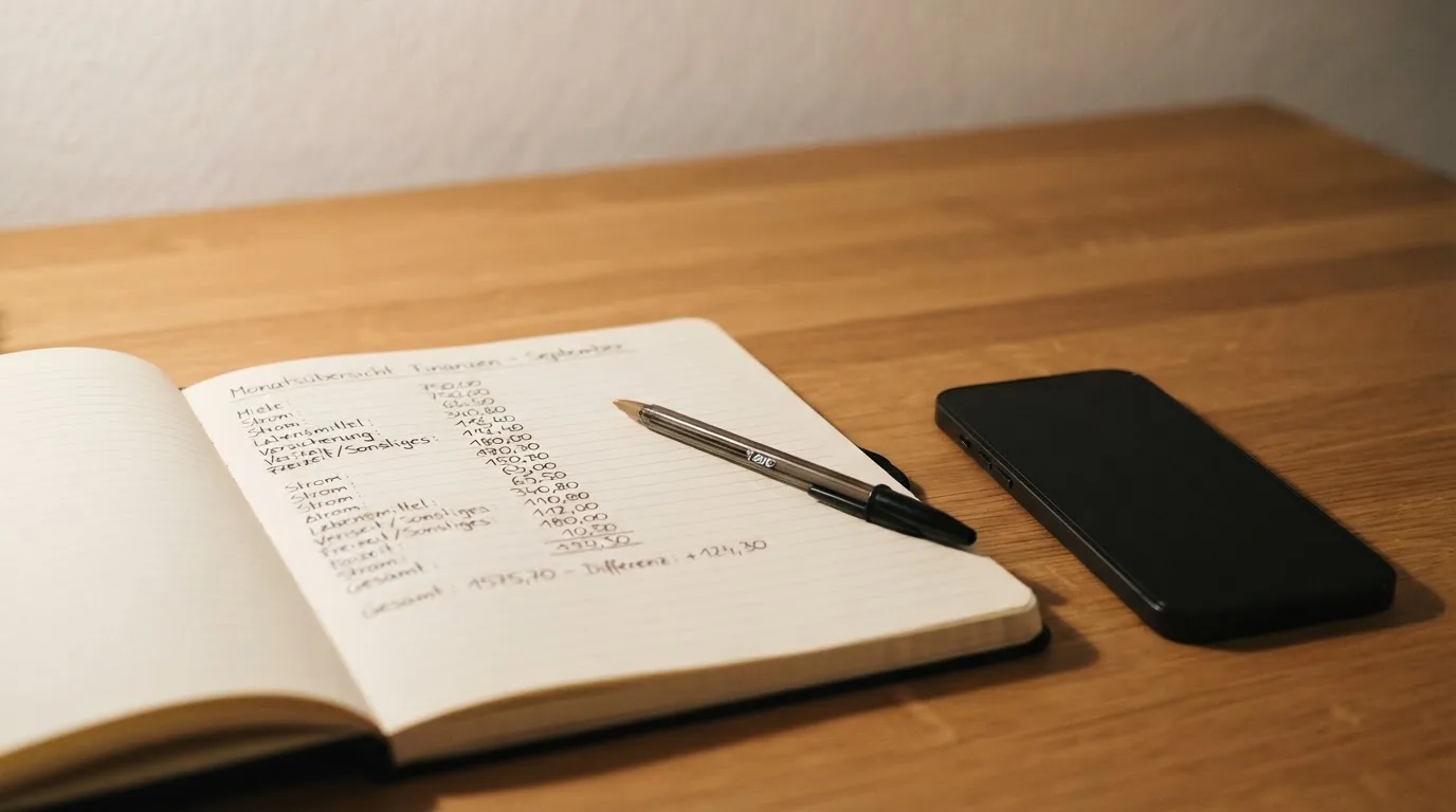 Ein Notizbuch mit handgeschriebenen Zahlen und ein Kugelschreiber liegen auf einem Tisch, daneben ein Smartphone mit schwarzem Bildschirm.