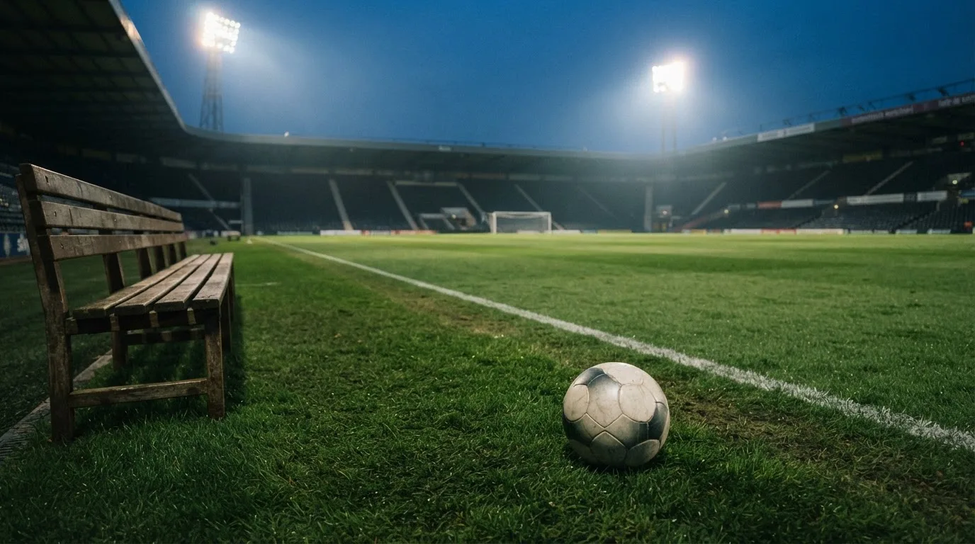 Ein Fußball liegt am Spielfeldrand neben einer leeren Ersatzbank, das Flutlicht über dem Platz leuchtet in der Dämmerung.