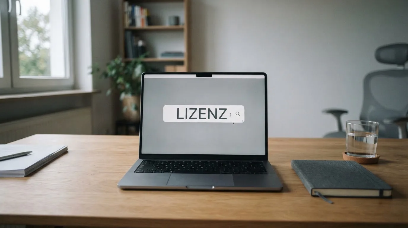 Ein Laptop mit dunklem Bildschirm steht aufgeklappt auf einem Schreibtisch, daneben ein Notizbuch und ein Glas Wasser.