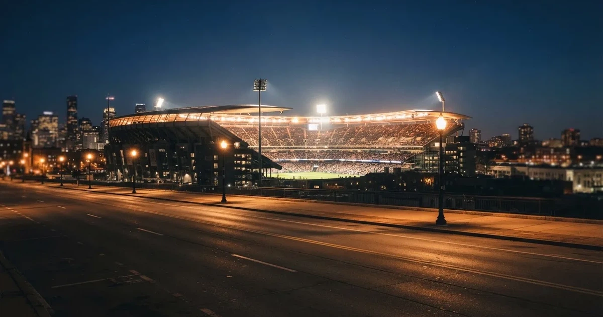 Ein hell erleuchtetes Fußballstadion bei Nacht aus der Ferne gesehen, über dem Dach ein klarer Himmel, davor eine leere Straße.