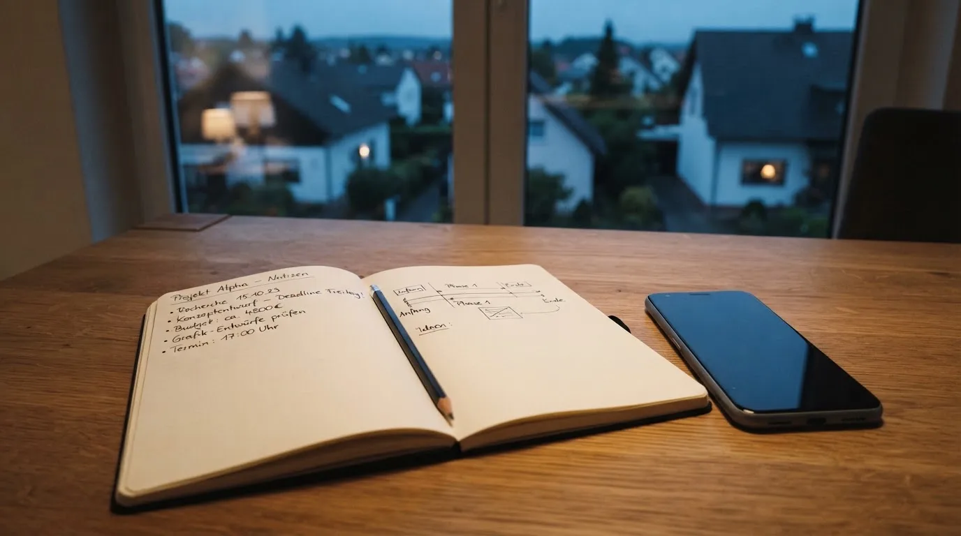 Ein Notizbuch mit handschriftlichen Zahlen liegt neben einem Smartphone mit dunklem Display auf einem Tisch, im Fenster Dämmerlicht.