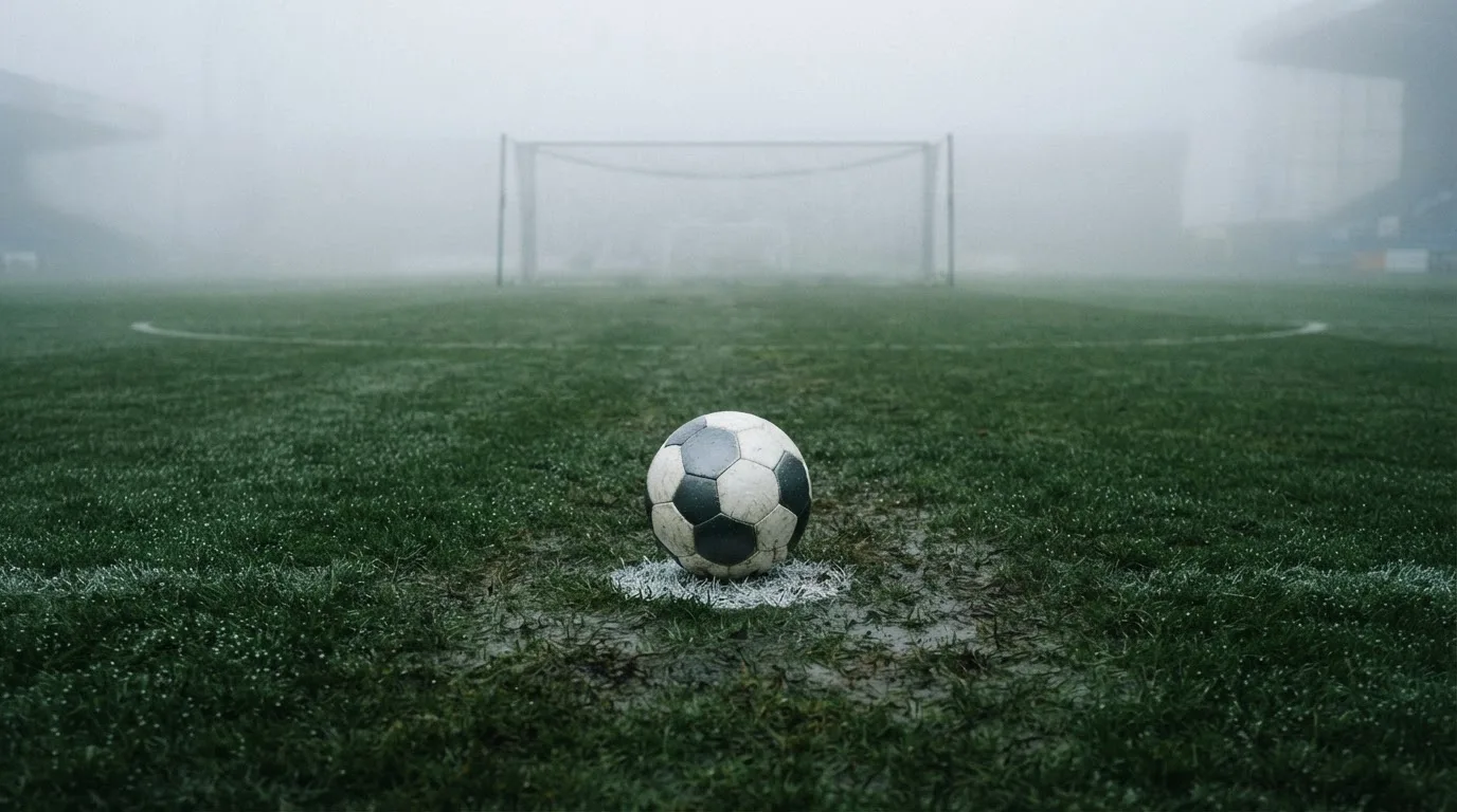 Ein Fußball liegt auf dem Elfmeterpunkt eines nassen Rasenplatzes, im Hintergrund ein leeres Tor im Nebel.