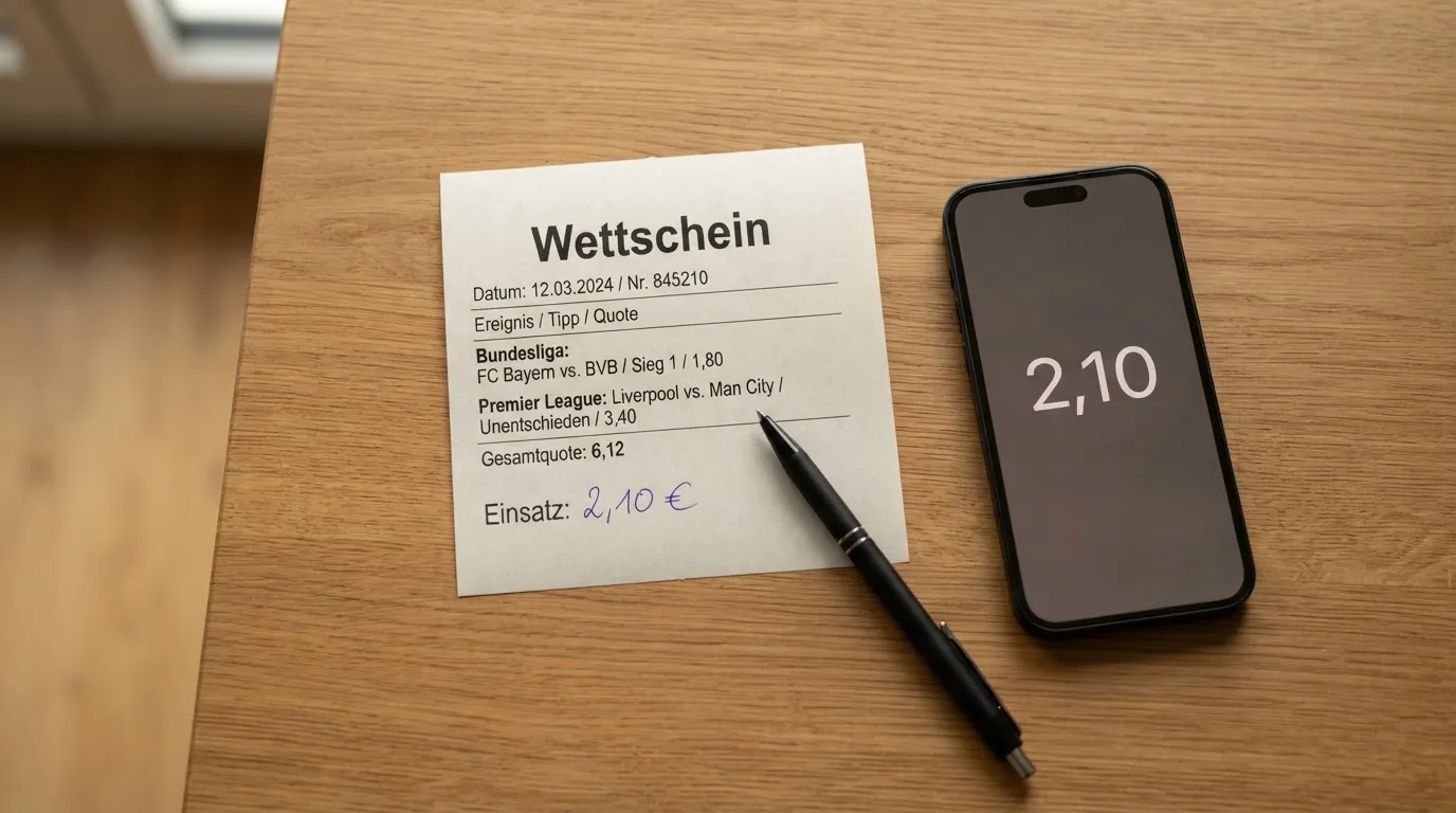 Ein leerer Papier-Wettschein und ein Kugelschreiber liegen auf einem Holztisch neben einem schwarzen Smartphone.