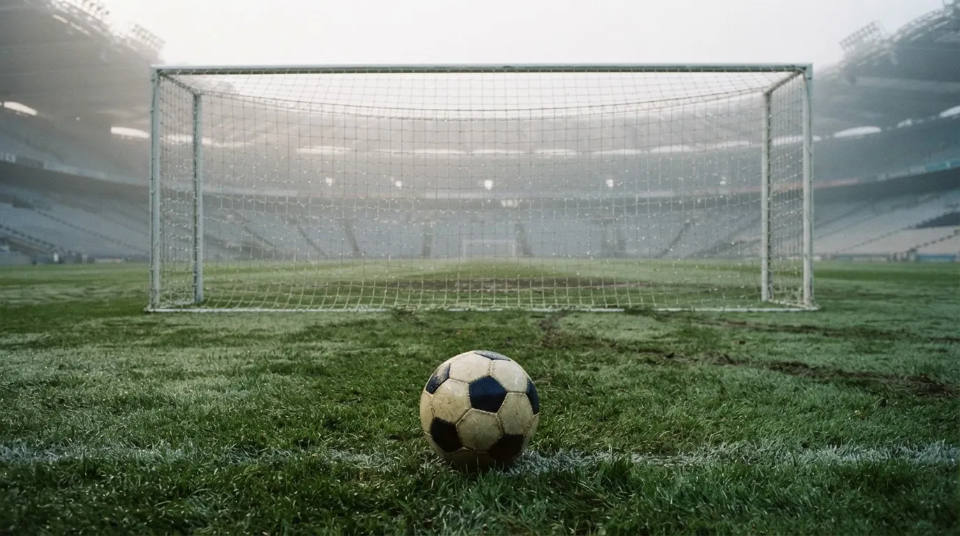 Ein Fußball liegt auf dem Rasen vor einem Tor im Morgennebel, die Netzmaschen sind taufeucht.