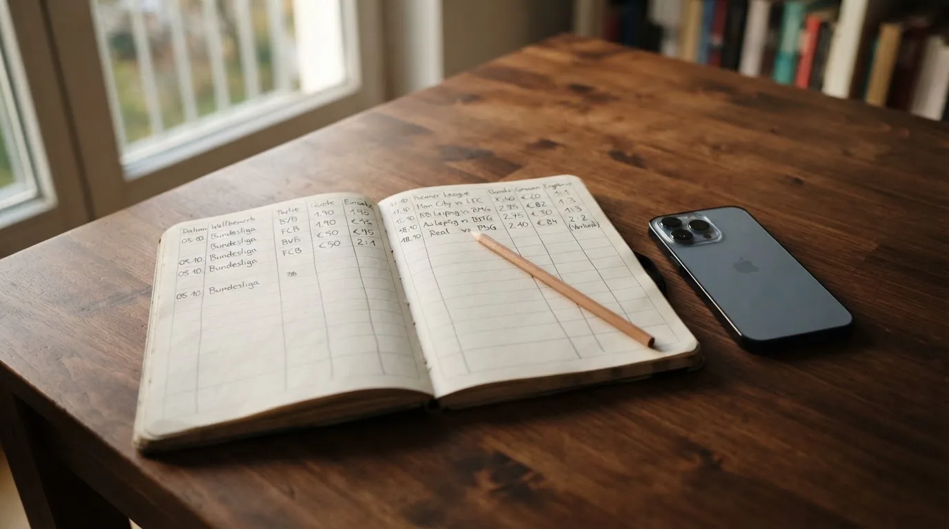 Ein Notizbuch mit handschriftlichen Zahlenreihen liegt neben einem Bleistift und einem Smartphone mit dunklem Display auf einem Tisch.