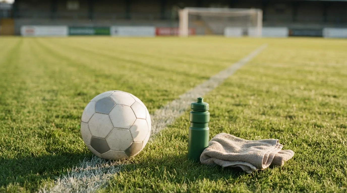 Ein Fußball auf einer Wiese neben der Seitenlinie, daneben eine Trinkflasche ohne Aufdruck und ein Handtuch.