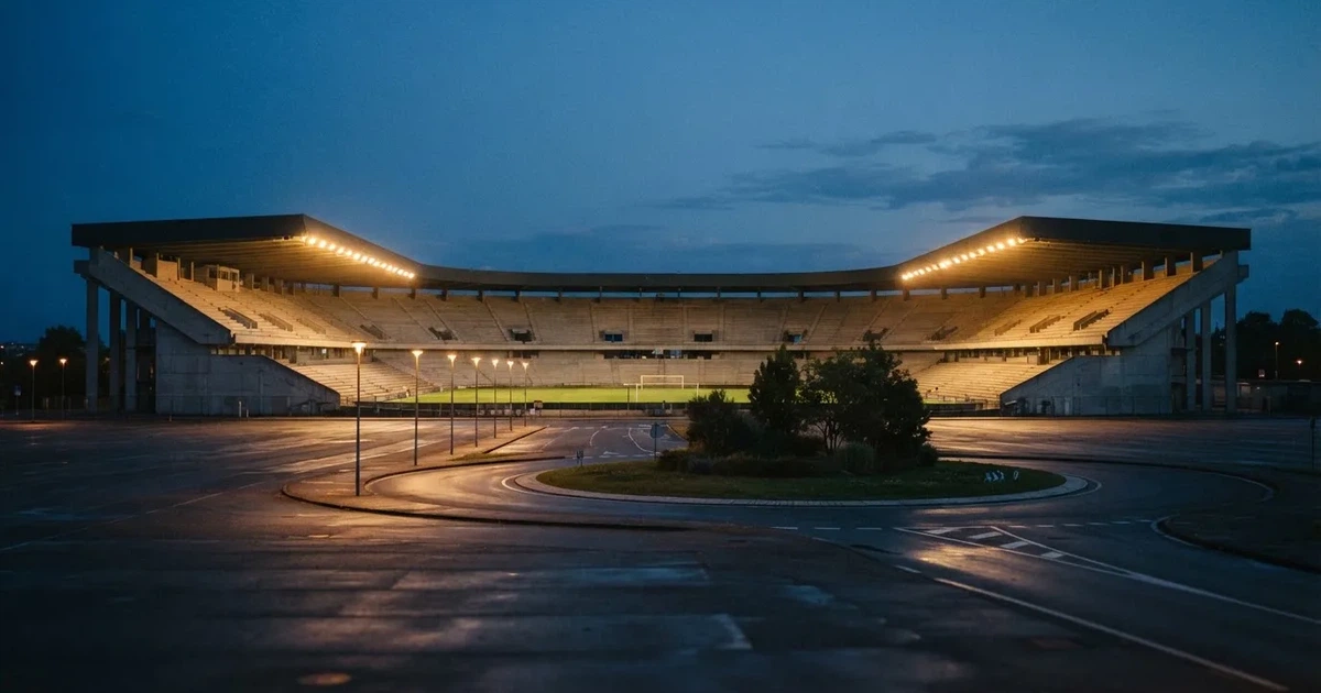 Ein Fußballstadion in der Dämmerung aus der Ferne, die Flutlichter gerade eingeschaltet, davor ein Kreisverkehr mit Laternen.