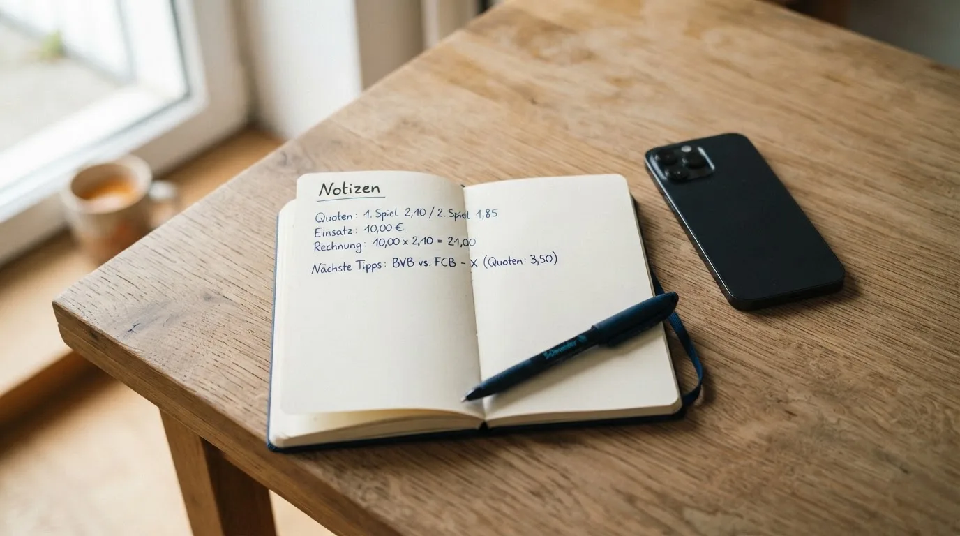 Ein Notizbuch mit handschriftlichen Notizen und ein Taschenrechner liegen auf einem Schreibtisch neben einem Smartphone mit dunklem Display.