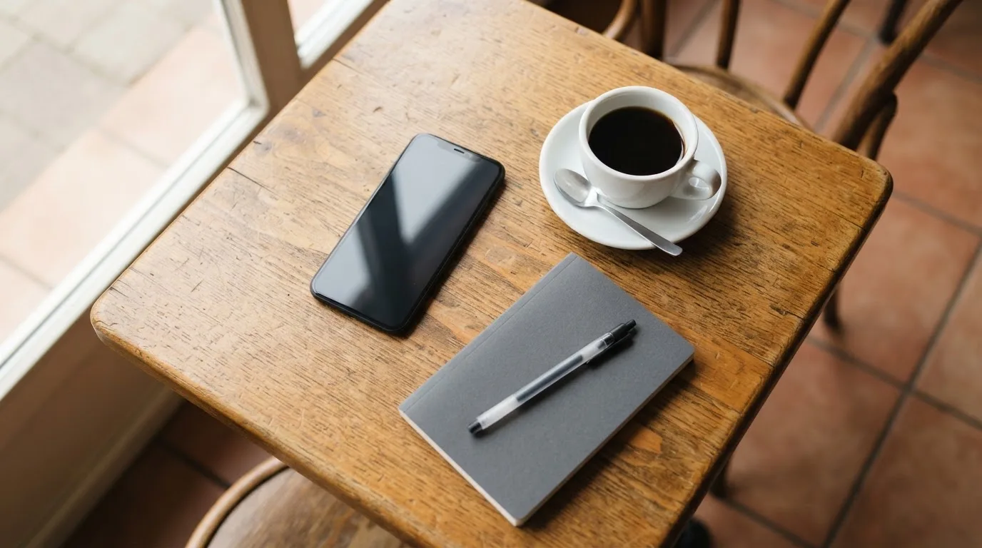 Ein Smartphone liegt mit schwarzem Display neben einer Kaffeetasse und einem Notizblock auf einem Café-Tisch.