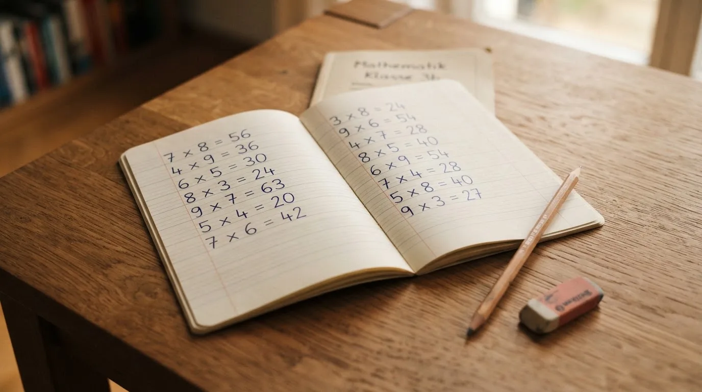 Ein Notizbuch mit handschriftlichen Multiplikationen liegt aufgeschlagen auf einem Holztisch, daneben ein Bleistift und ein Radiergummi.