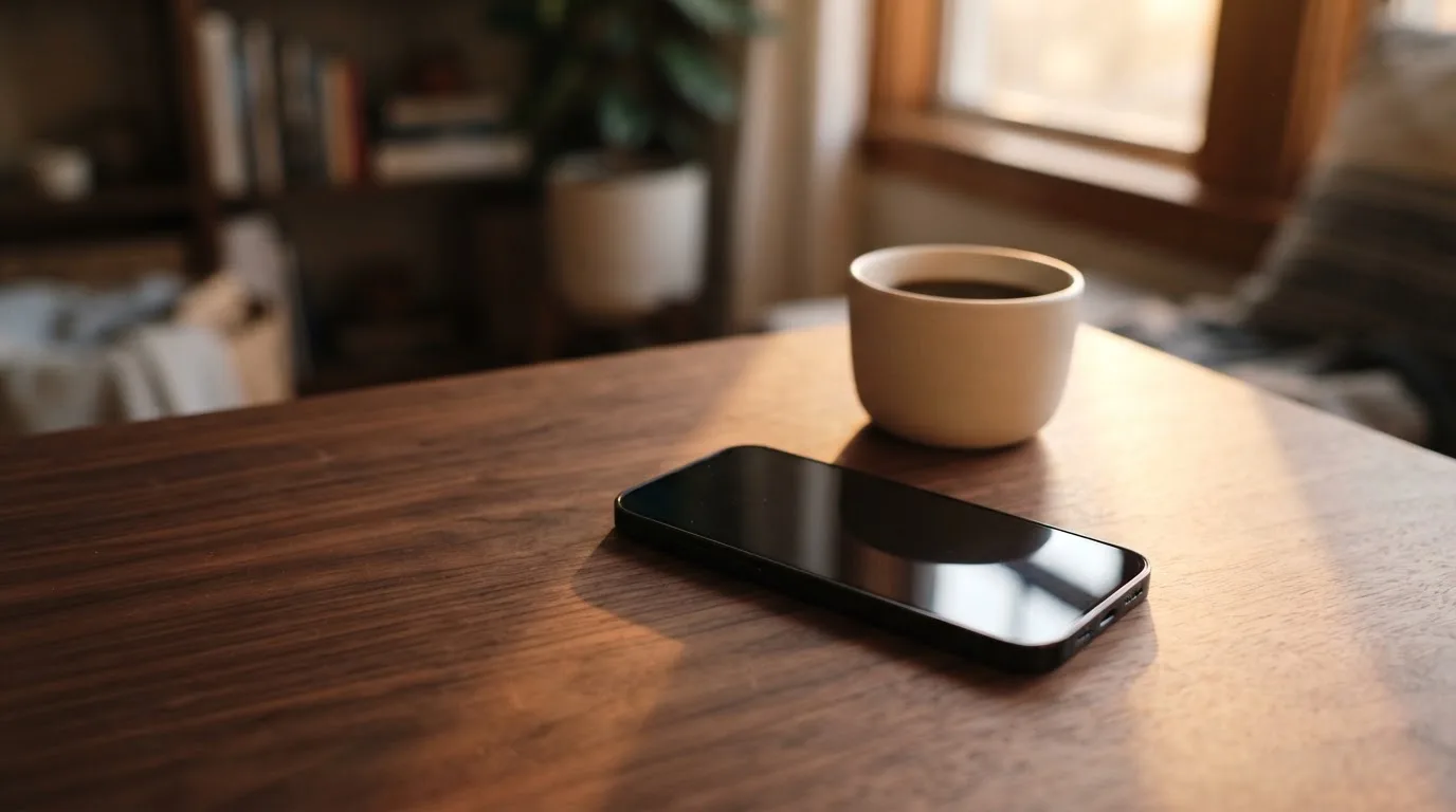 Ein Smartphone mit dunklem Display liegt neben einer Kaffeetasse auf einem Schreibtisch, durch das Fenster fällt Abendlicht.