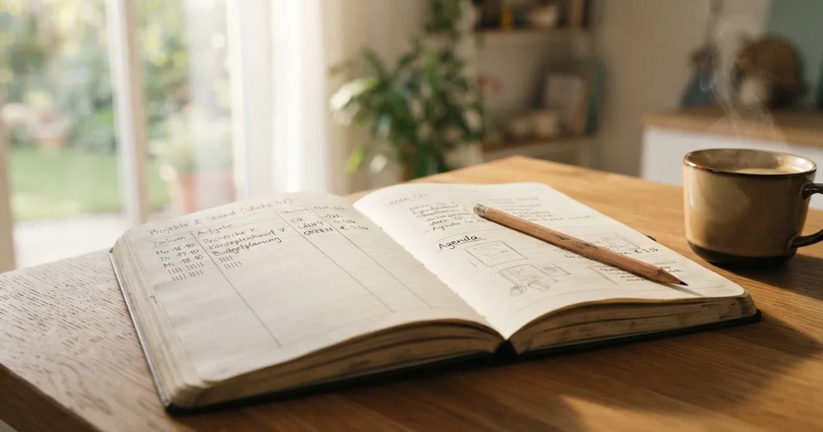 Ein aufgeschlagenes Notizbuch mit handgezeichneten Spalten und Strichen liegt neben einem Bleistift und einer Kaffeetasse auf einem Tisch am Morgen.