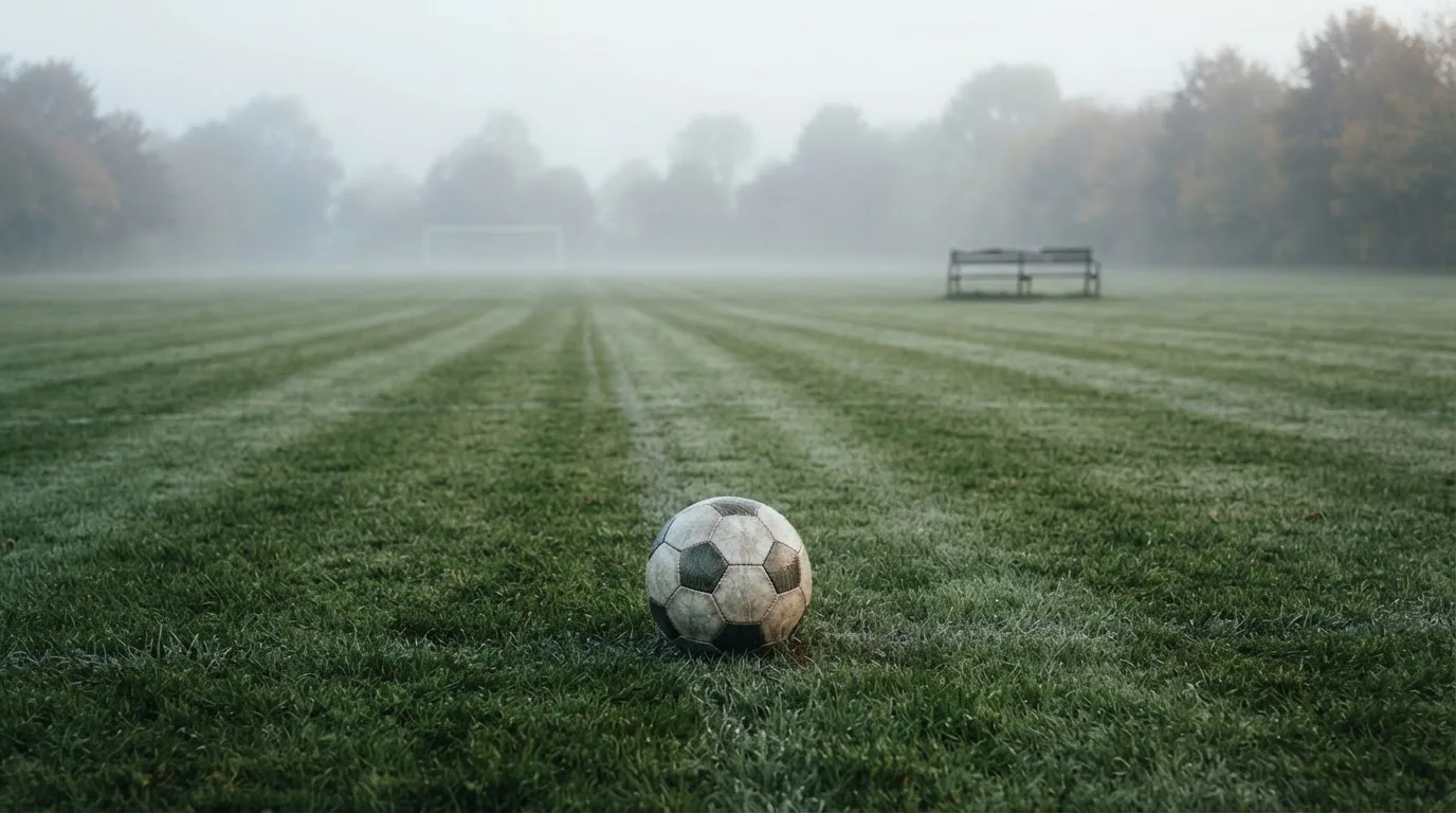 Ein Fußball liegt in der Mitte eines leeren Rasenplatzes im Morgennebel, am Rand steht eine einzelne Auswechselbank.