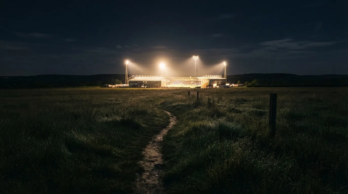 Ein Stadion unter Flutlicht von weitem gesehen, davor ein Feld und ein Feldweg im Dunkeln.
